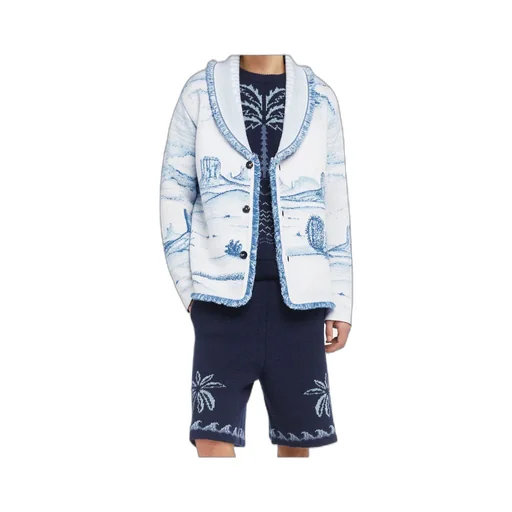 Silent Rider Landscape-Intarsia Fringed Cardigan