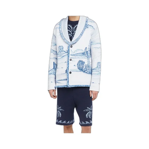 Silent Rider Landscape-Intarsia Fringed Cardigan