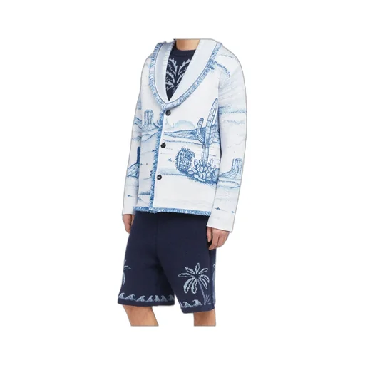 Silent Rider Landscape-Intarsia Fringed Cardigan