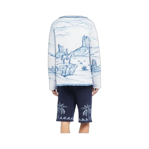 Silent Rider Landscape-Intarsia Fringed Cardigan