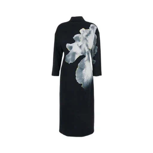 Orchid Print Long-Sleeved Midi Dress