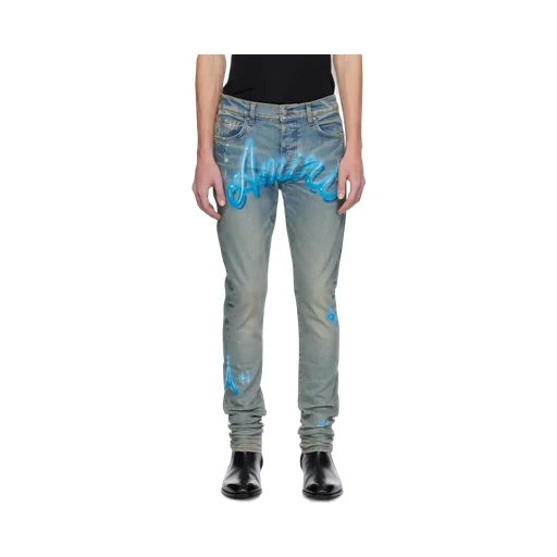 Blue Amiri Airbrush Logo Skinny Jeans