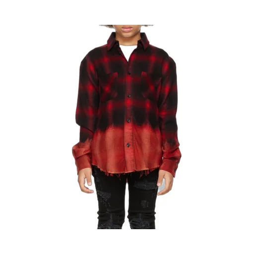 Bleached Shadow Plaid Frayed Trim Shirt