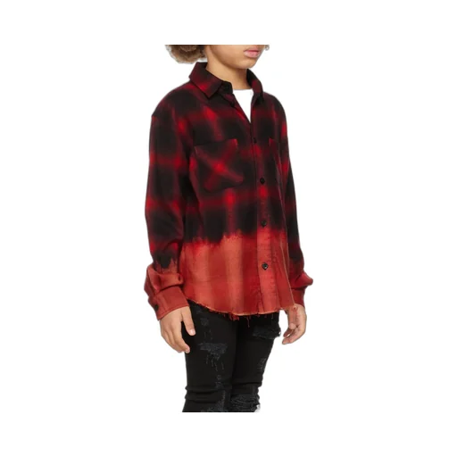 Bleached Shadow Plaid Frayed Trim Shirt