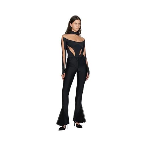 Mid-Rise Mesh Flared Trousers