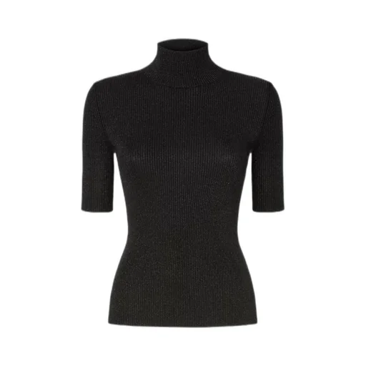Roll Neck Ribbed-Knit Metallic Top