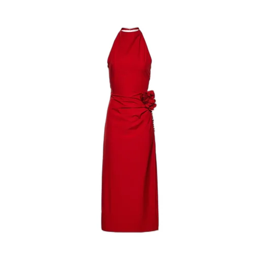 High Neck Floral Applique Midi Dress