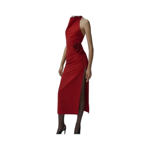 High Neck Floral Applique Midi Dress