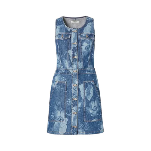 Floral Printed Sleeveless Denim Mini Dress