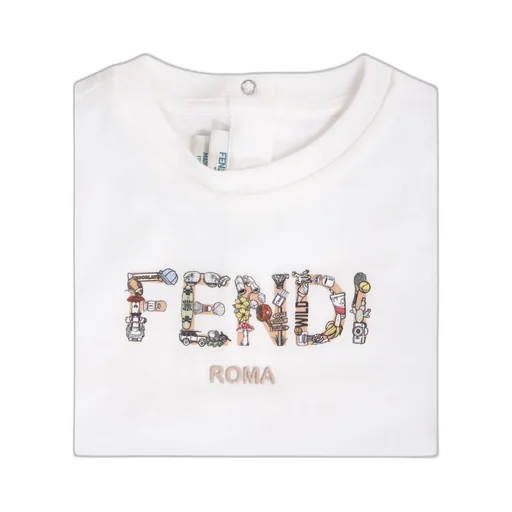 White Jersey Baby T-Shirt With Multicolour Fendi Print