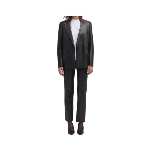 Double-Breasted Oversize Black Leather Blazer