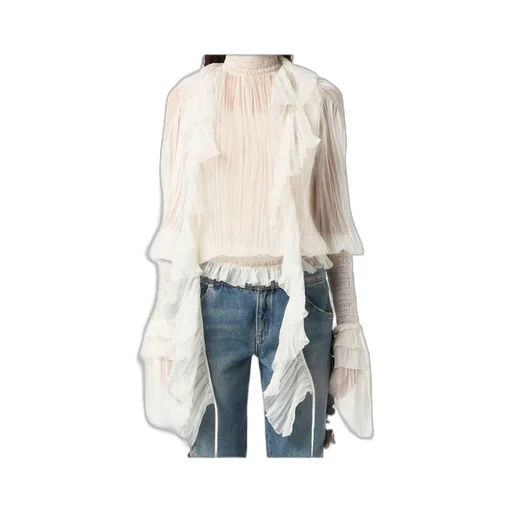 High-Neck Pleated Fringed-Detail Blouse