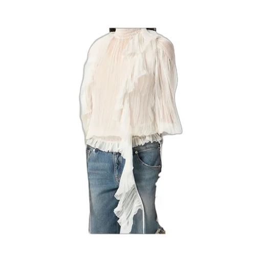 High-Neck Pleated Fringed-Detail Blouse