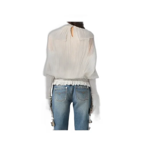 High-Neck Pleated Fringed-Detail Blouse