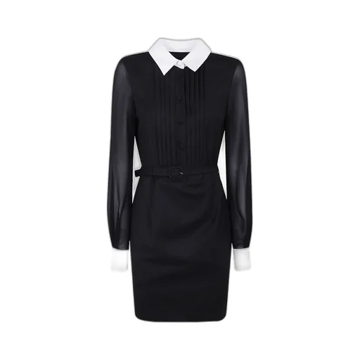 Pleated-Front Collared Belted Day Dress