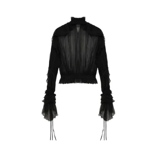 High-Neck Pleated Fringed-Detail Blouse