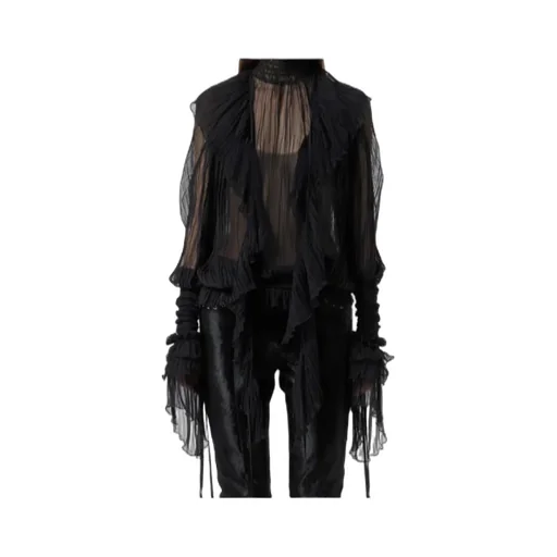 High-Neck Pleated Fringed-Detail Blouse