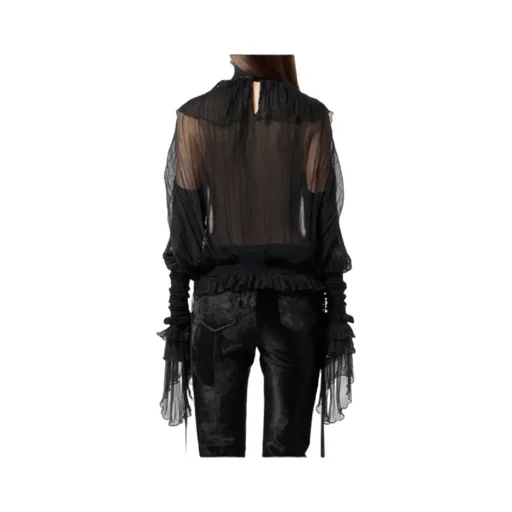High-Neck Pleated Fringed-Detail Blouse