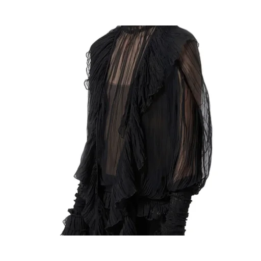 High-Neck Pleated Fringed-Detail Blouse