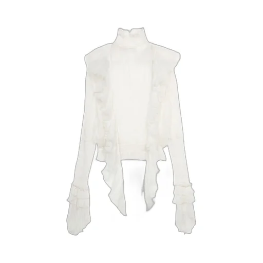 High-Neck Pleated Fringed-Detail Blouse