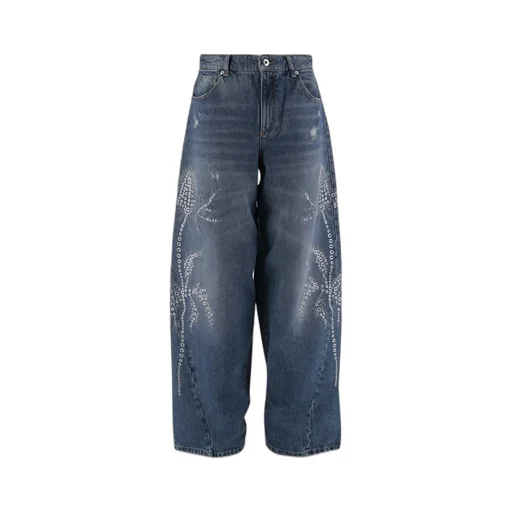 Wide-Leg Embellished Distressed Jeans