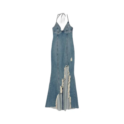 Halter-Neck Frayed-Hem Denim Dress