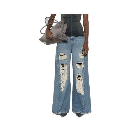 Wide-Leg Distressed Frayed Jeans