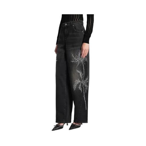 Wide-Leg Embellished Distressed Jeans