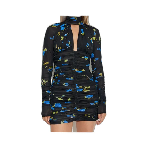 Ruched Keyhole Cut-Out Floral-Print Mini Dress