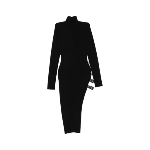Ribbed Turtleneck Buckle-Detail Asymmetric Party Dress