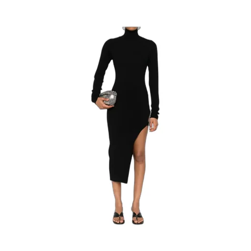 Ribbed Turtleneck Buckle-Detail Asymmetric Party Dress