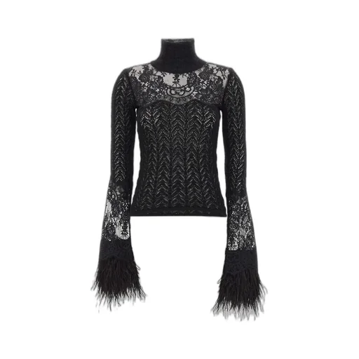 Fringed-Cuff High-Neck Lace Panel Jumper