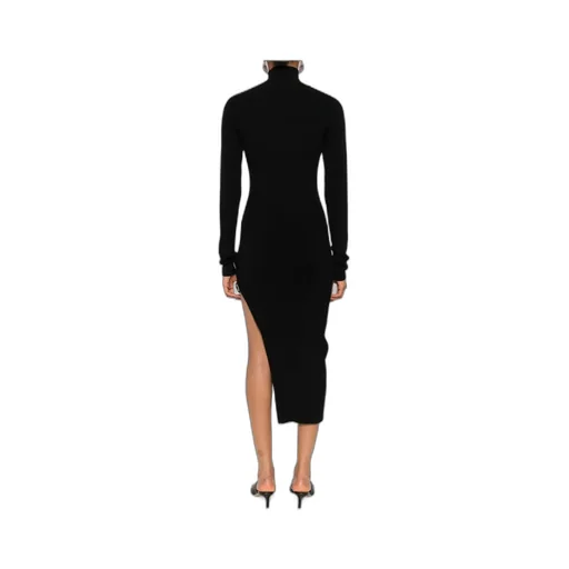 Ribbed Turtleneck Buckle-Detail Asymmetric Party Dress