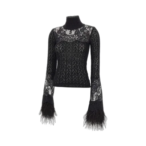Fringed-Cuff High-Neck Lace Panel Jumper