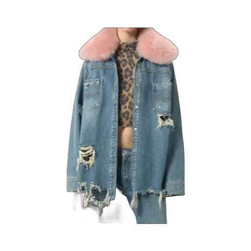 Faux Fur Collar Denim Distressed Shirt