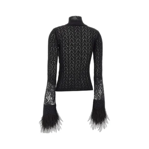 Fringed-Cuff High-Neck Lace Panel Jumper