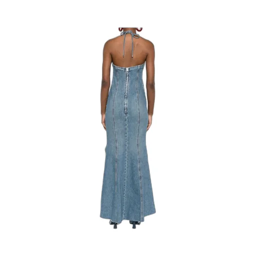 Halter-Neck Frayed-Hem Denim Dress