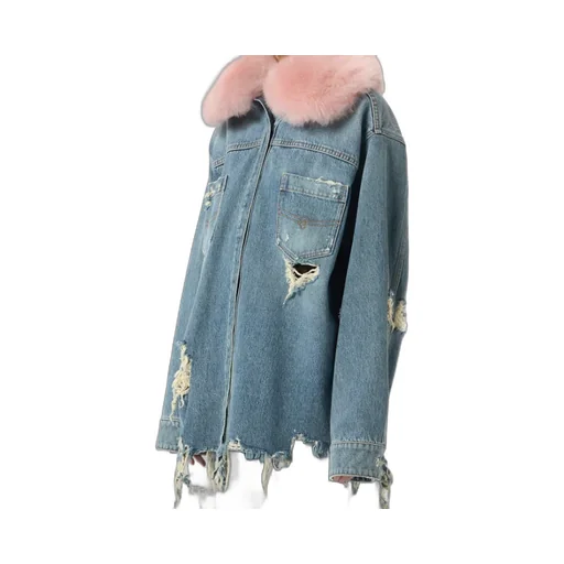 Faux Fur Collar Denim Distressed Shirt