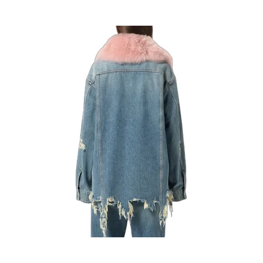Faux Fur Collar Denim Distressed Shirt