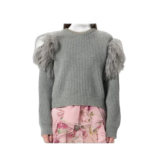 Feather-Embellished Ribbed Sweater