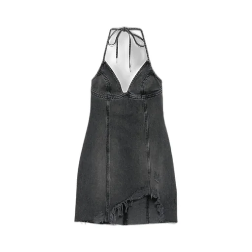 Halter-Neck Frayed Denim Dress