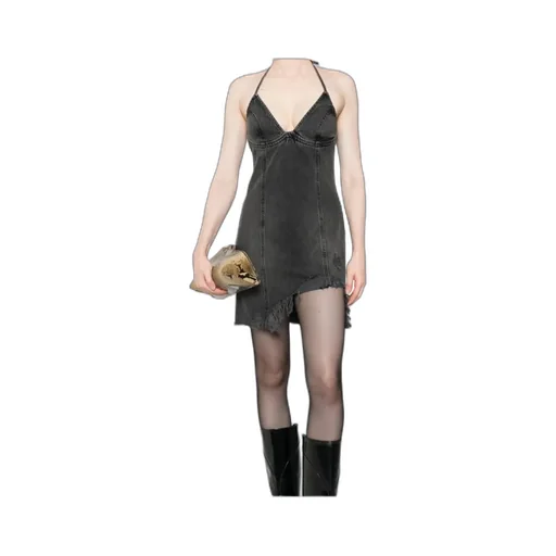 Halter-Neck Frayed Denim Dress