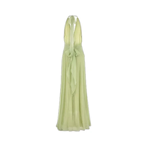 Rose Appliqué Halterneck Ruffled Maxi Dress