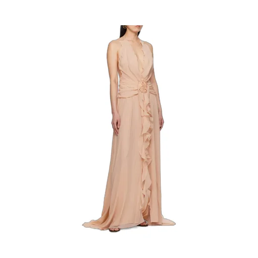Rose Appliqué Halterneck Ruffled Maxi Dress