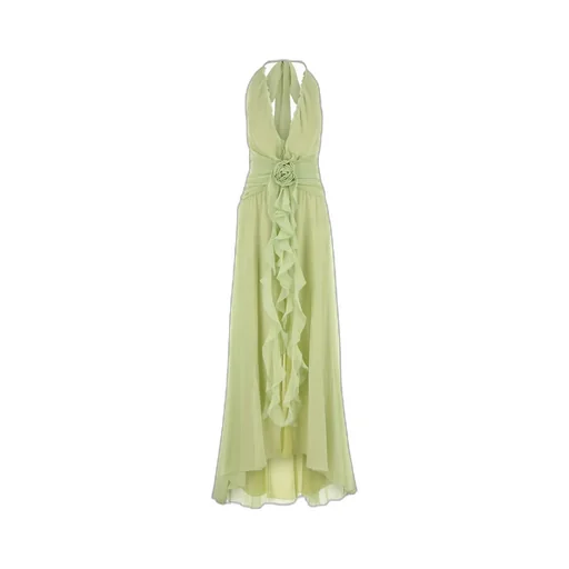 Rose Appliqué Halterneck Ruffled Maxi Dress