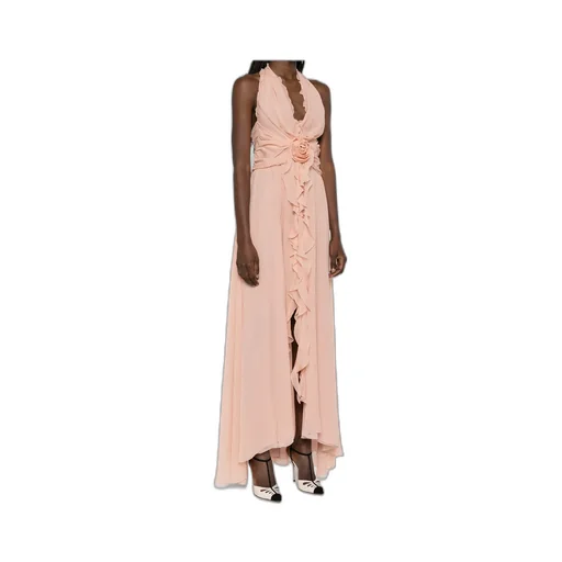Rose Appliqué Halterneck Ruffled Maxi Dress