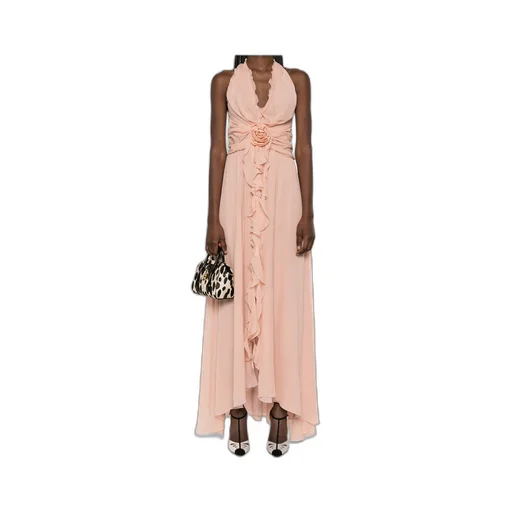 Rose Appliqué Halterneck Ruffled Maxi Dress