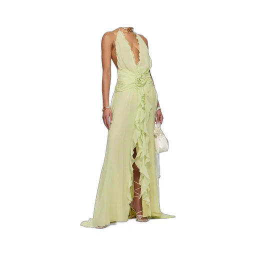 Rose Appliqué Halterneck Ruffled Maxi Dress