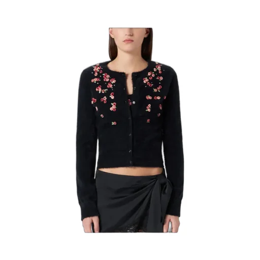 Floral-Appliqué Knitted Cardigan