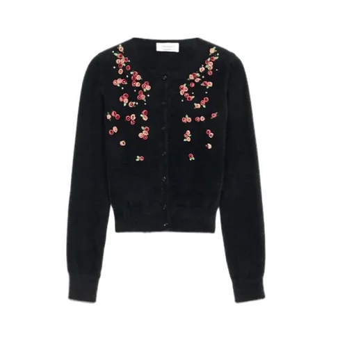 Floral-Appliqué Knitted Cardigan